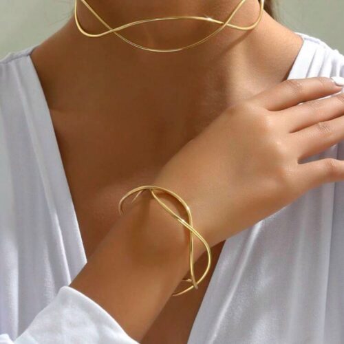 Asymmetrical Shaped  Metal Necklace & Bracelet Set