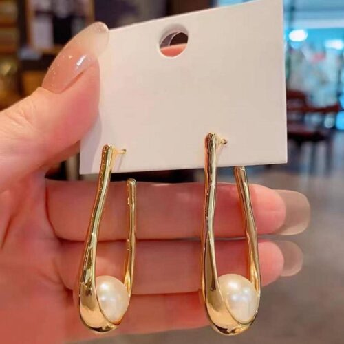 French Vintage Metalic Cold Tone Faux Pearl Big Drop Earring