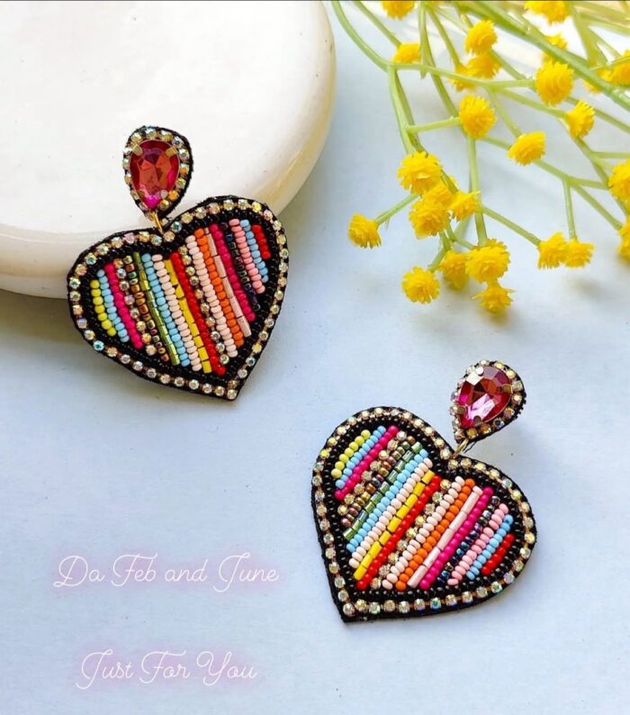 multi colored Hand beaded Heart Earring