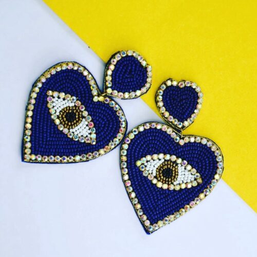 Studded Evil Eye Handmade Blue  Hear Earrings