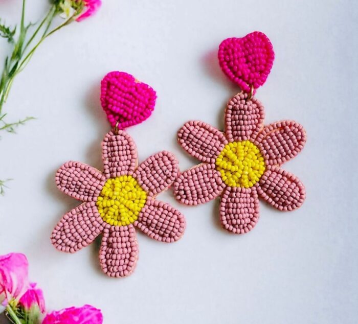Pink Hand beaded soft Earrings - Image 3