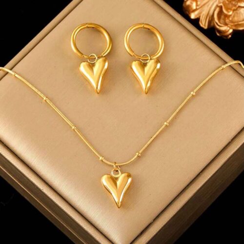 3D 18K gold plated Heart pendant Necklace+Earrings jewellery set