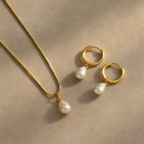 Real gold plated Tear drop Pearl earring set