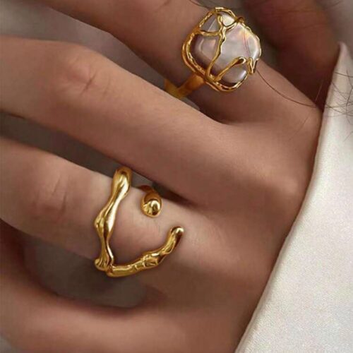 2pc metallic pearl decor casual ring set