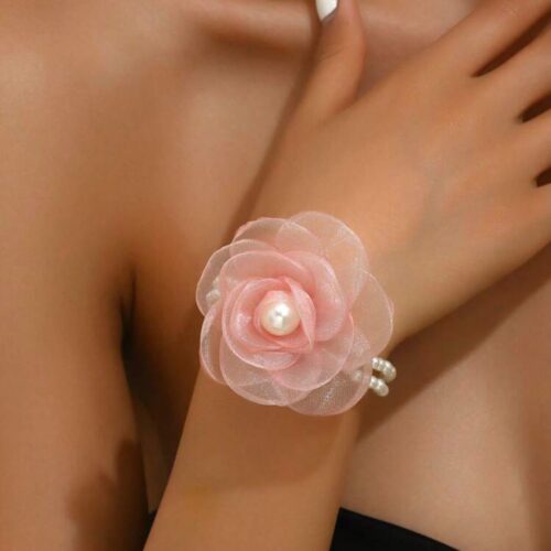 chiffon camellia flower pearl bracelet