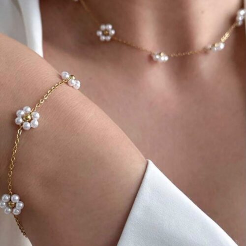 Braided flower pearl Necklace & Bracelet