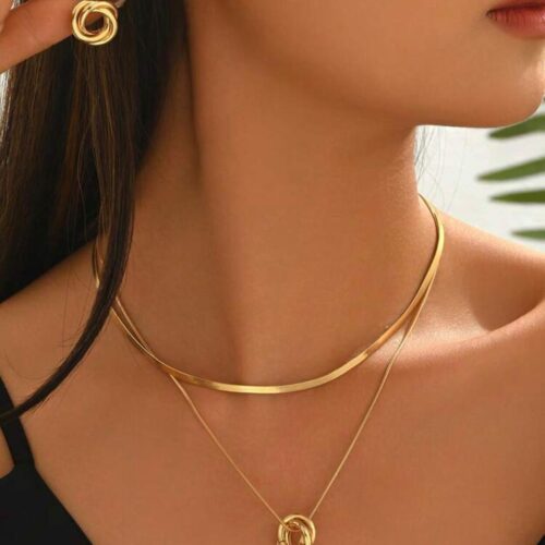 2pc European & American style twisted double layered snake bone necklace and earrings