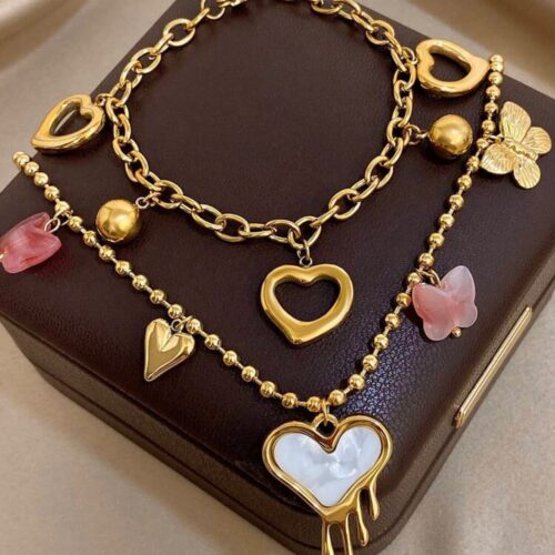 Elegant Heart Butterfly Charm 18k Gold Plated Bracelet Necklace